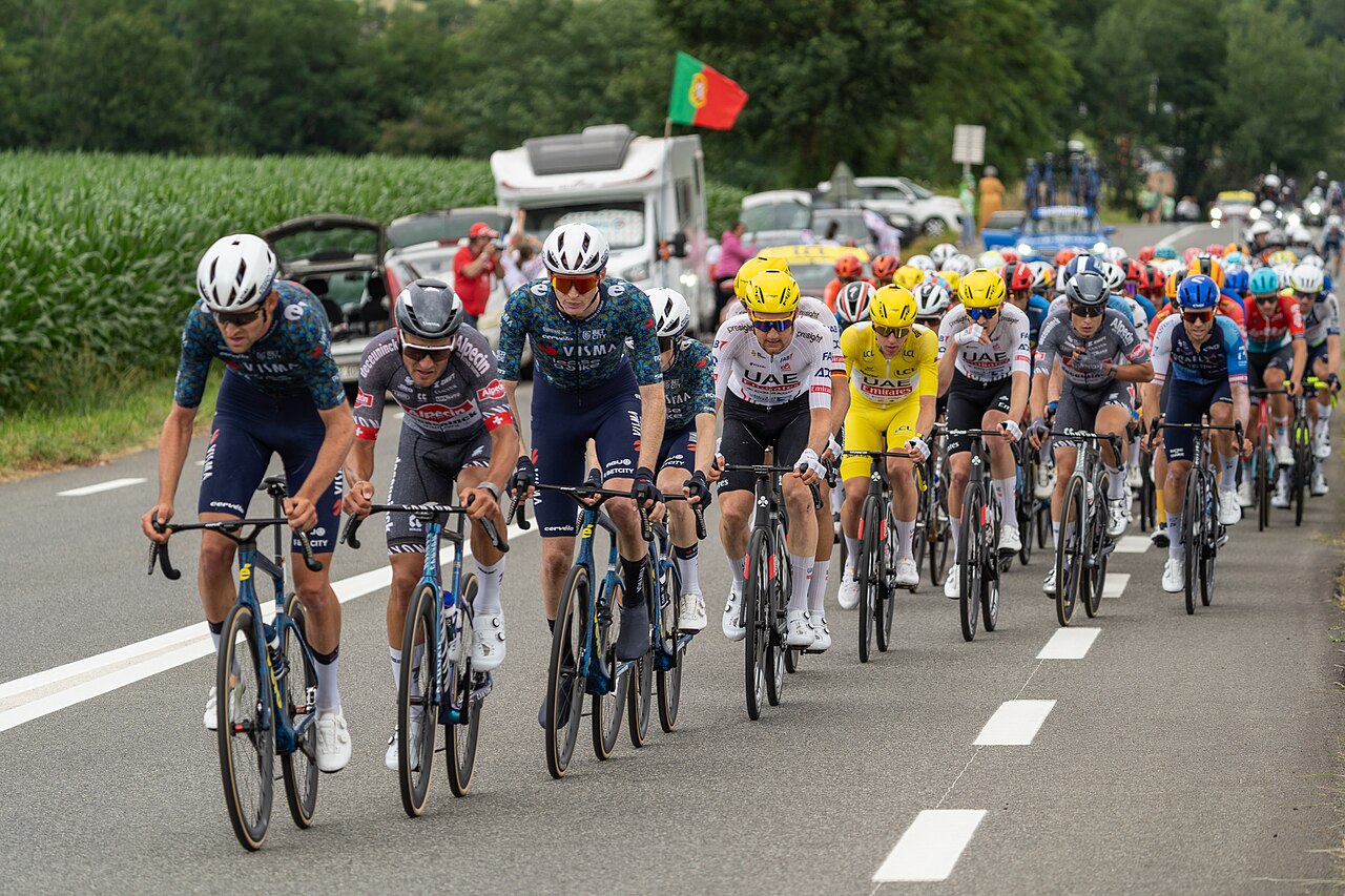 The Tour de France 2024 peloton riding through a mountain climb on stage 13